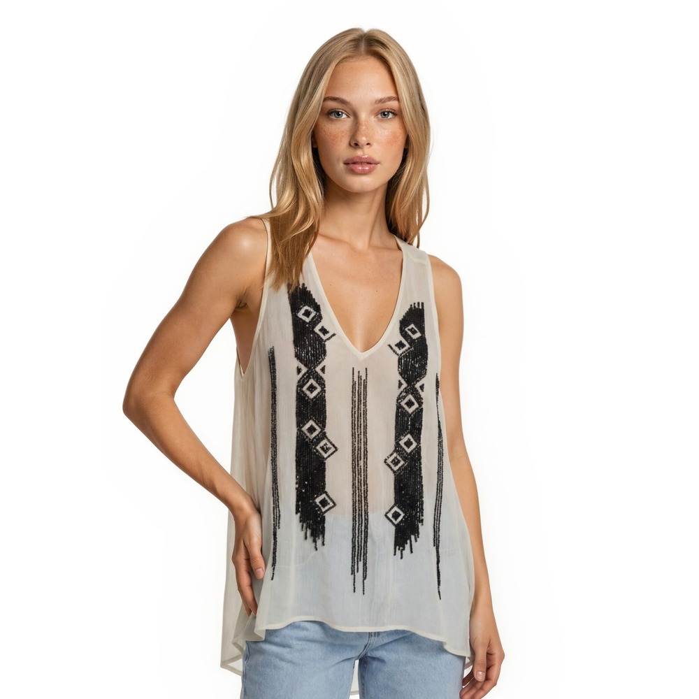 New Fifteen Twenty Women's Size Small Cream Black Beaded Sequin Tunic Blouse Top